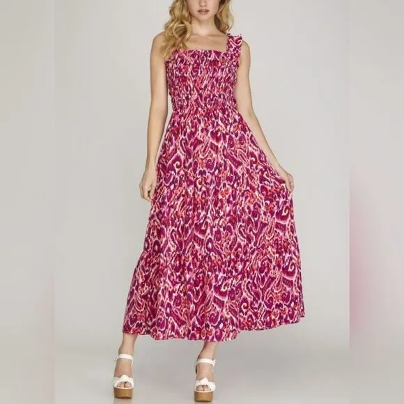 She   Sky Smocked Printed Wide Strap Tiered Dress Vibrant Pink Maxi Dress