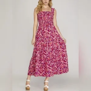 She   Sky Smocked Printed Wide Strap Tiered Dress Vibrant Pink Maxi Dress