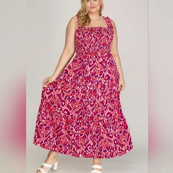 She   Sky Smocked Printed Wide Strap Tiered Dress Vibrant Pink Maxi Dress