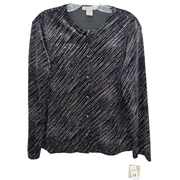 Shimmering Velvet Velour Silver Glitter Button Up Cardigan Sweater Formal Event