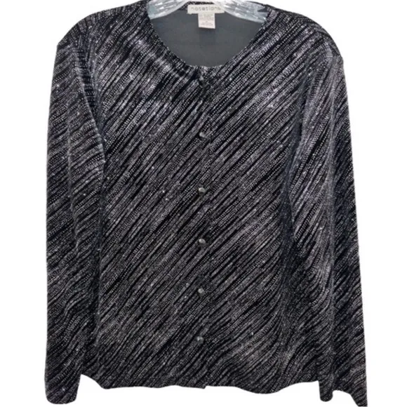 Shimmering Velvet Velour Silver Glitter Button Up Cardigan Sweater Formal Event
