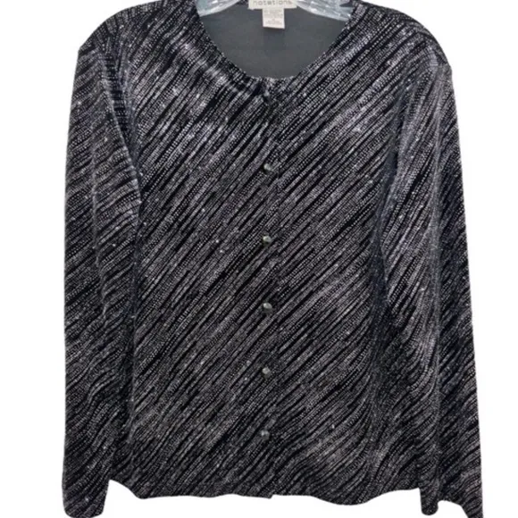Shimmering Velvet Velour Silver Glitter Button Up Cardigan Sweater Formal Event