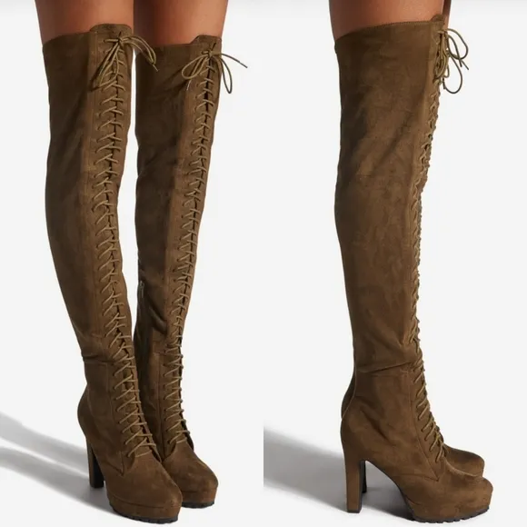 ☆Shoedazzle Remi Dark Olive Green Over The Knee Lace Up Heeled Boots☆
