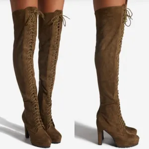 ☆Shoedazzle Remi Dark Olive Green Over The Knee Lace Up Heeled Boots☆