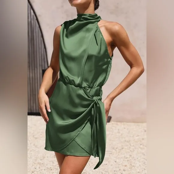 Short Formal Satin Dress Sleeveless Mock Neck Tie Waist Cocktail Party Dresses