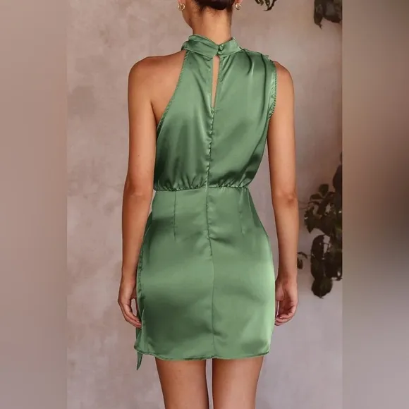 Short Formal Satin Dress Sleeveless Mock Neck Tie Waist Cocktail Party Dresses
