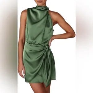 Short Formal Satin Dress Sleeveless Mock Neck Tie Waist Cocktail Party Dresses