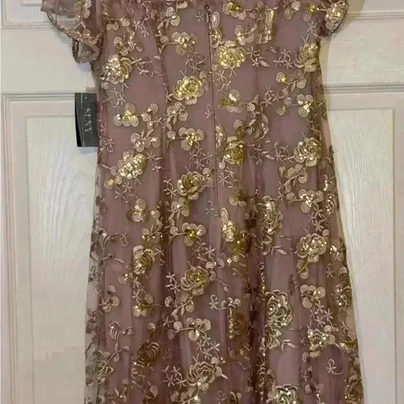 SLNY Women Tea Length Cap Sleeve Illusion Neckline Embroidered Lace Dress NWT