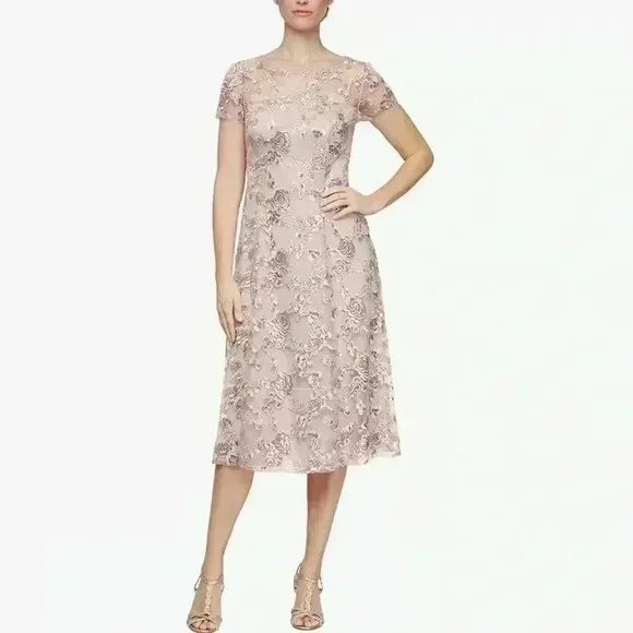 SLNY Women Tea Length Cap Sleeve Illusion Neckline Embroidered Lace Dress NWT