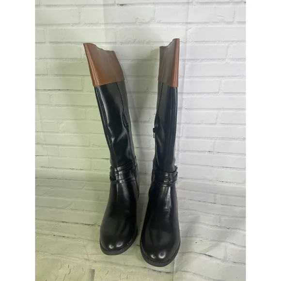 SO Trixie Two Tone Womens Faux Leather Riding Boots Knee High Size 10 Wide Calf