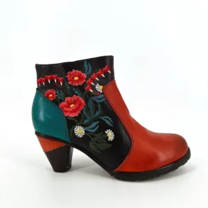 Socofy Womens Leather Heeled Boots Size 37/6 Embroidered Patchwork Hippie Boho