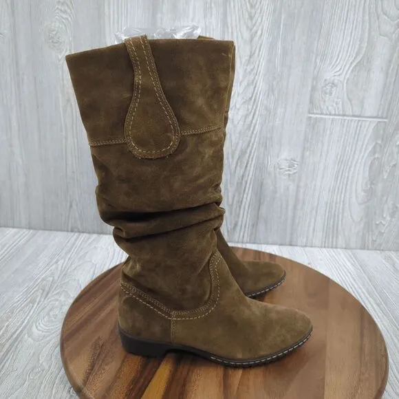 Sofft Tall Brown Suede Leather Ruched Boots Flat Heel Women's Size 6.5M NEW