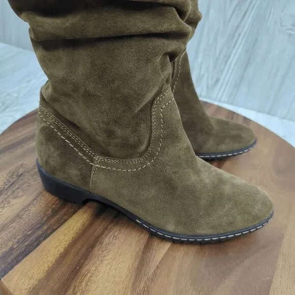 Sofft Tall Brown Suede Leather Ruched Boots Flat Heel Women's Size 6.5M NEW