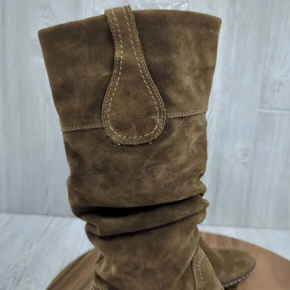 Sofft Tall Brown Suede Leather Ruched Boots Flat Heel Women's Size 6.5M NEW