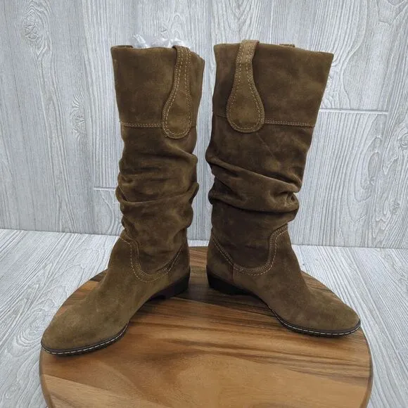 Sofft Tall Brown Suede Leather Ruched Boots Flat Heel Women's Size 6.5M NEW
