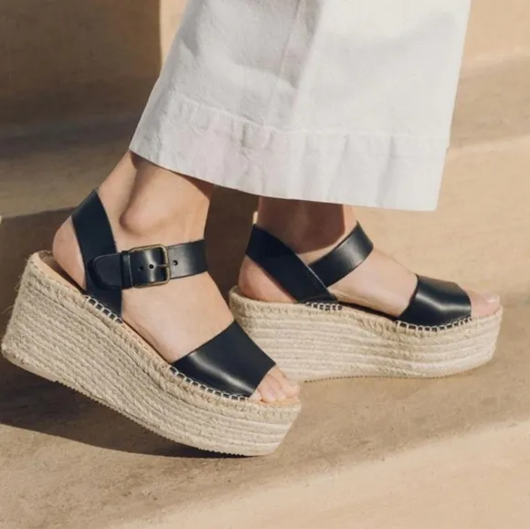 Soludos Minorca Leather Platform Espadrille Wedges, Size 9.5