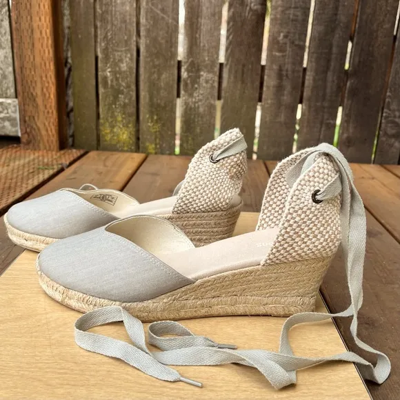 Soludos The Lyon Linen Lace Up Wedge Espadrille Sandal Heels NWOT Chambray Sz 9