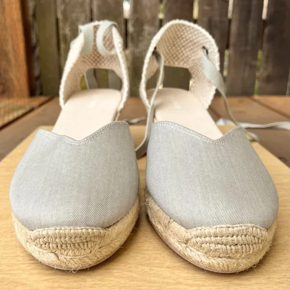 Soludos The Lyon Linen Lace Up Wedge Espadrille Sandal Heels NWOT Chambray Sz 9