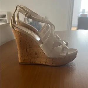 Sophisticated Cream and Brown Wedge Sandals with Cork Platform