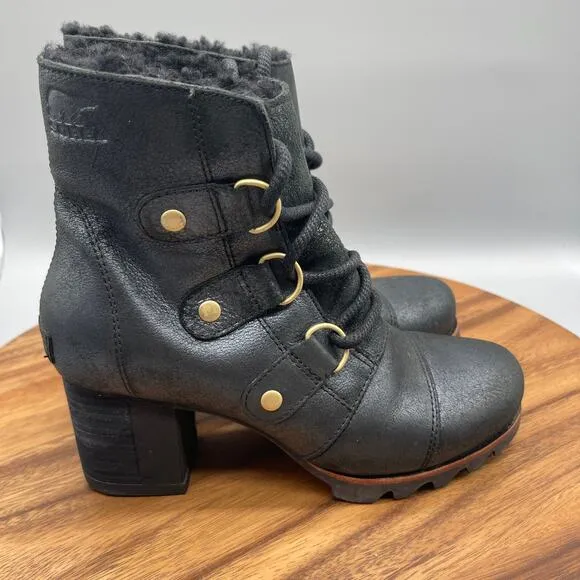 Sorel Addington Boots Womens Size 7.5 Black Leather Chelsea Lace Up Ankle Lined