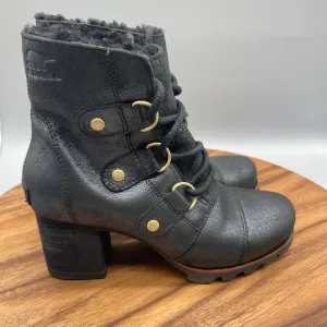 Sorel Addington Boots Womens Size 7.5 Black Leather Chelsea Lace Up Ankle Lined