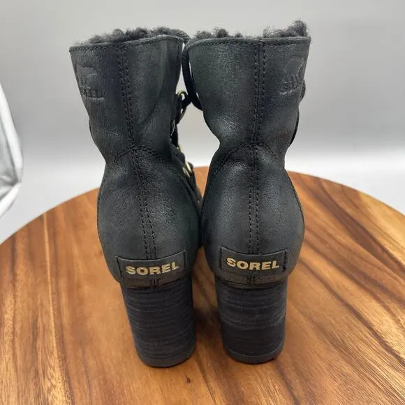 Sorel Addington Boots Womens Size 7.5 Black Leather Chelsea Lace Up Ankle Lined