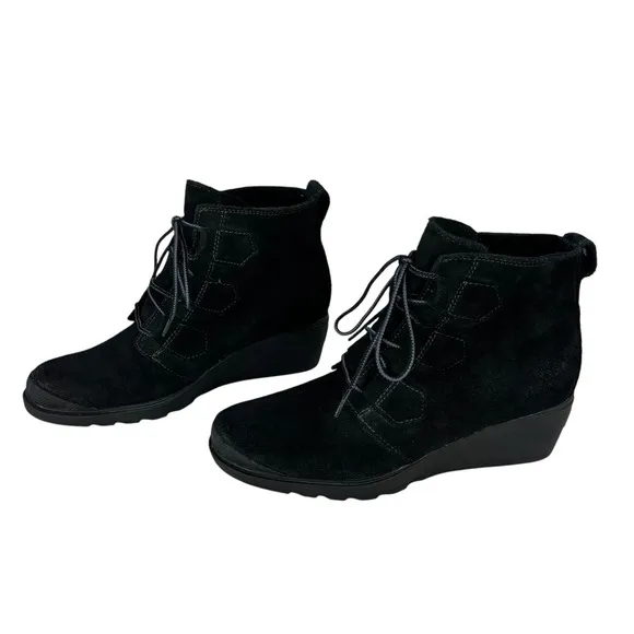 Sorel Boots Womens 8 Toronto Black Suede Lace Up Wedge Heel Ankle Booties