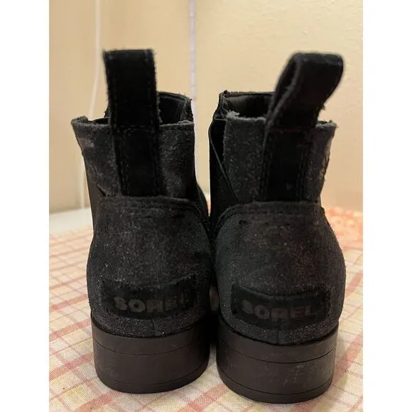 Sorel Emelie Chelsea Rain Ankle Boot Black Suede Leather Bootie Women's Sz 5M