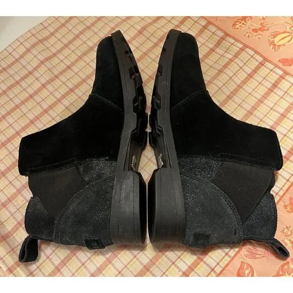 Sorel Emelie Chelsea Rain Ankle Boot Black Suede Leather Bootie Women's Sz 5M