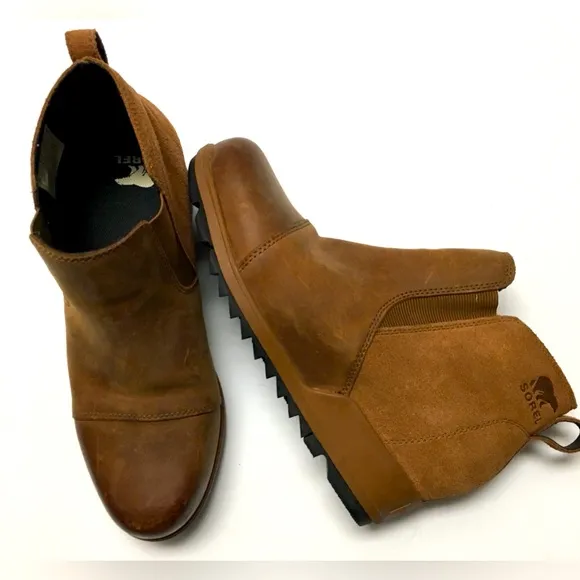 Sorel Evie Chelsea Leather Boots 10 Brown Slip On Fall Winter Flat Boots