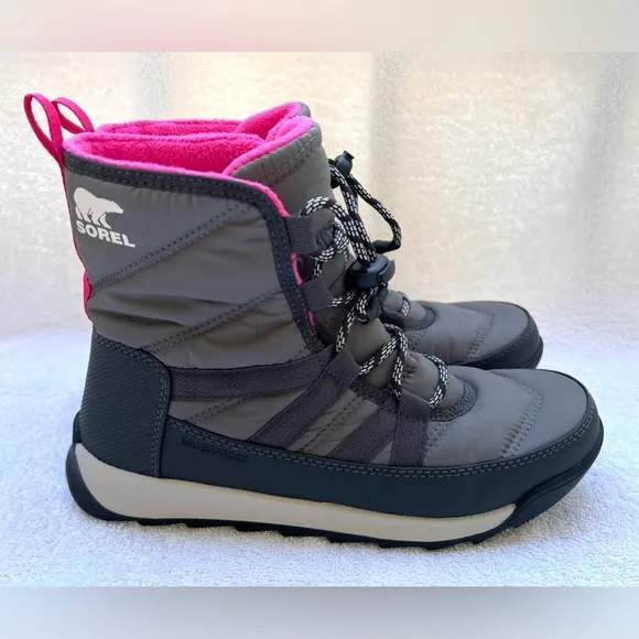 Sorel Girls &quot;Whitney II&quot; Hiker Boots In Waterproof Nylon - Grey/Pink - Sz 5