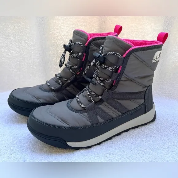 Sorel Girls &quot;Whitney II&quot; Hiker Boots In Waterproof Nylon - Grey/Pink - Sz 5