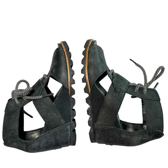 Sorel Joanie Lace Up Wedge Heel Open Toe Leather Canvas Lug Sole Sandal Black 7