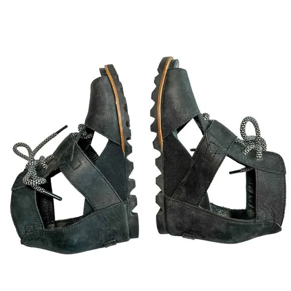 Sorel Joanie Lace Up Wedge Heel Open Toe Leather Canvas Lug Sole Sandal Black 7