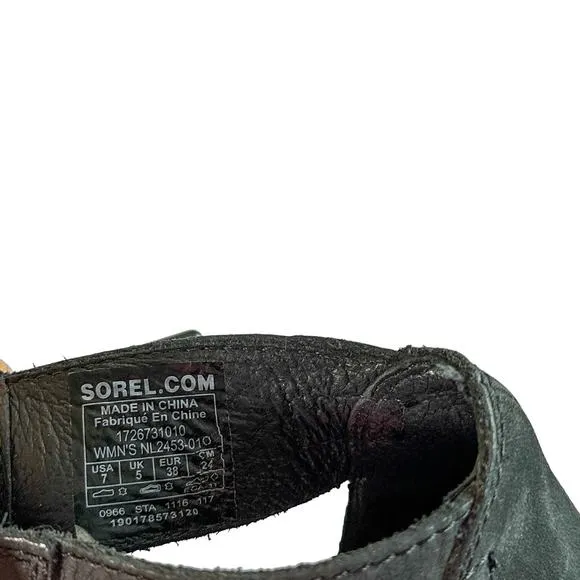 Sorel Joanie Lace Up Wedge Heel Open Toe Leather Canvas Lug Sole Sandal Black 7