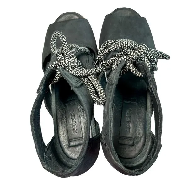 Sorel Joanie Lace Up Wedge Heel Open Toe Leather Canvas Lug Sole Sandal Black 7