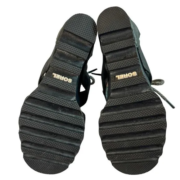 Sorel Joanie Lace Up Wedge Heel Open Toe Leather Canvas Lug Sole Sandal Black 7