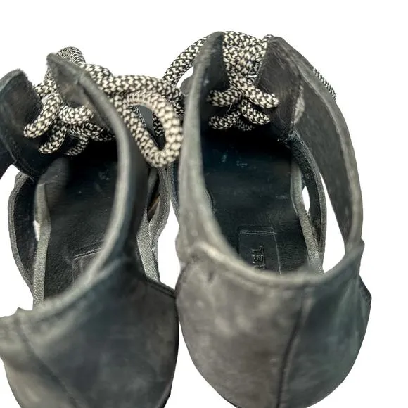 Sorel Joanie Lace Up Wedge Heel Open Toe Leather Canvas Lug Sole Sandal Black 7