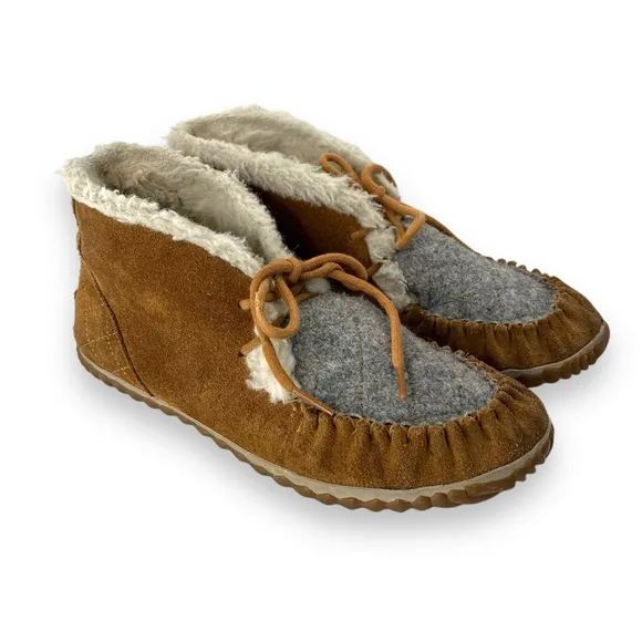 Sorel Out N About Tan Suede Leather Grey Felt Slip-On Moccasin Bootie Shoe 9.5
