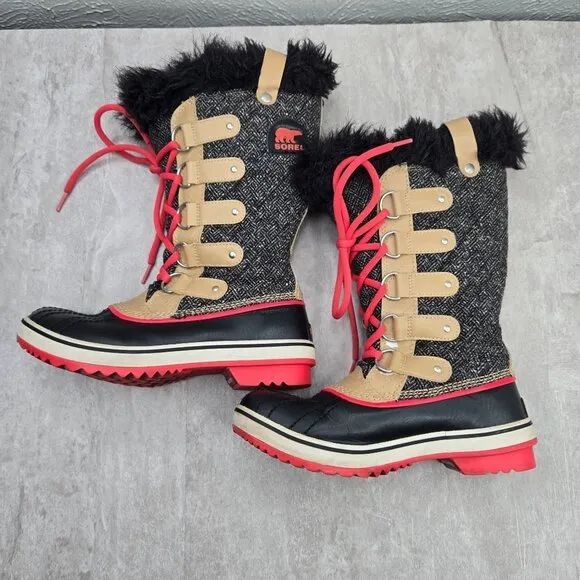 Sorel Waterproof Winter Boots Black Tan Fur Lined Outdoor Midcalf Snow Booties