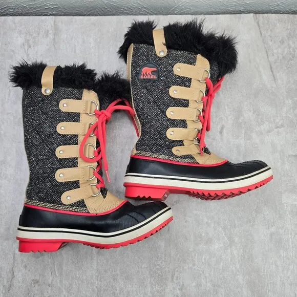 Sorel Waterproof Winter Boots Black Tan Fur Lined Outdoor Midcalf Snow Booties