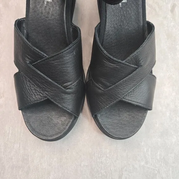 Sorel Wedge Sandals 10 Black Leather Chunky Ankle Strap Open Toe Platform Wedges