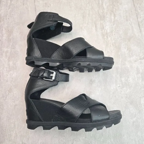 Sorel Wedge Sandals 10 Black Leather Chunky Ankle Strap Open Toe Platform Wedges