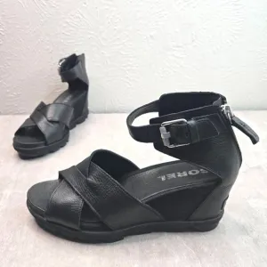 Sorel Wedge Sandals 10 Black Leather Chunky Ankle Strap Open Toe Platform Wedges