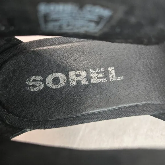 Sorel Wedge Sandals 10 Black Leather Chunky Ankle Strap Open Toe Platform Wedges