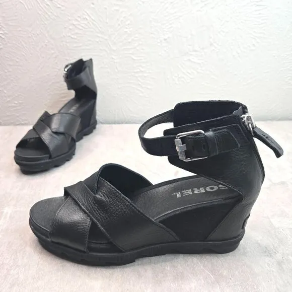Sorel Wedge Sandals 10 Black Leather Chunky Ankle Strap Open Toe Platform Wedges
