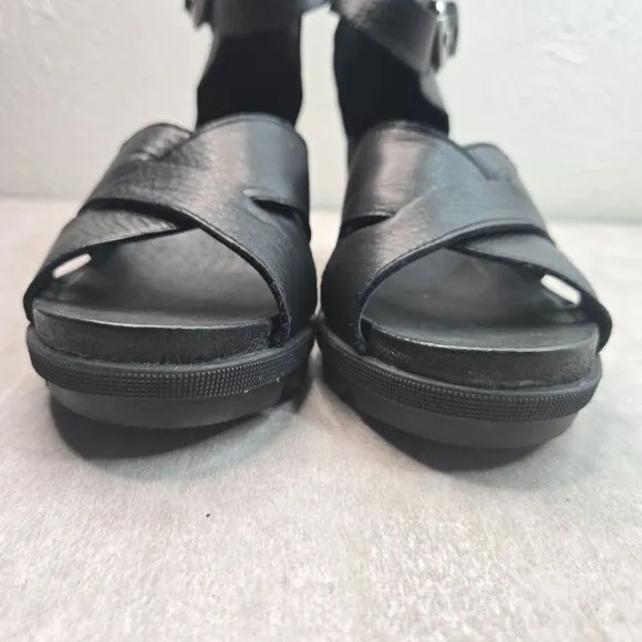 Sorel Wedge Sandals 10 Black Leather Chunky Ankle Strap Open Toe Platform Wedges