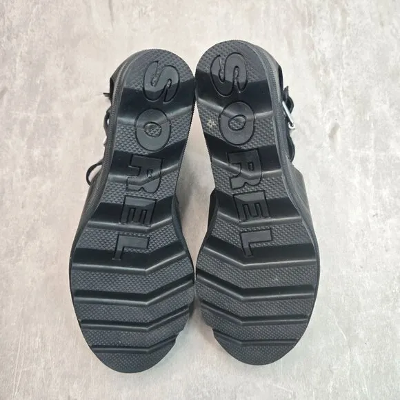 Sorel Wedge Sandals 10 Black Leather Chunky Ankle Strap Open Toe Platform Wedges