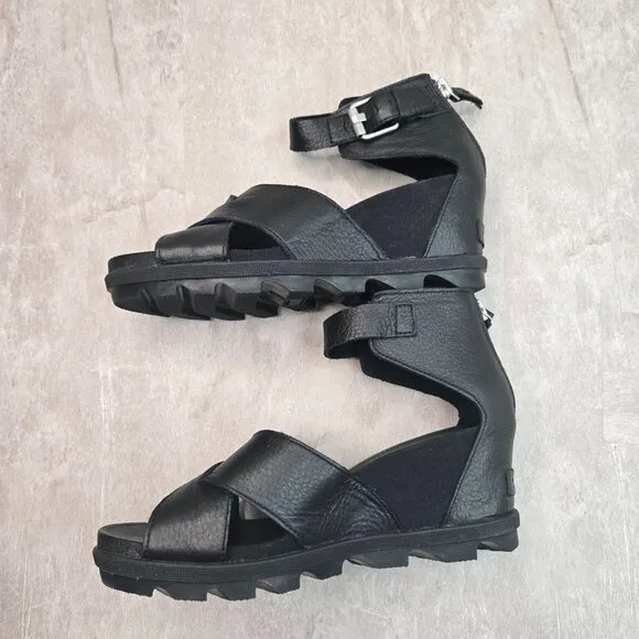 Sorel Wedge Sandals 10 Black Leather Chunky Ankle Strap Open Toe Platform Wedges