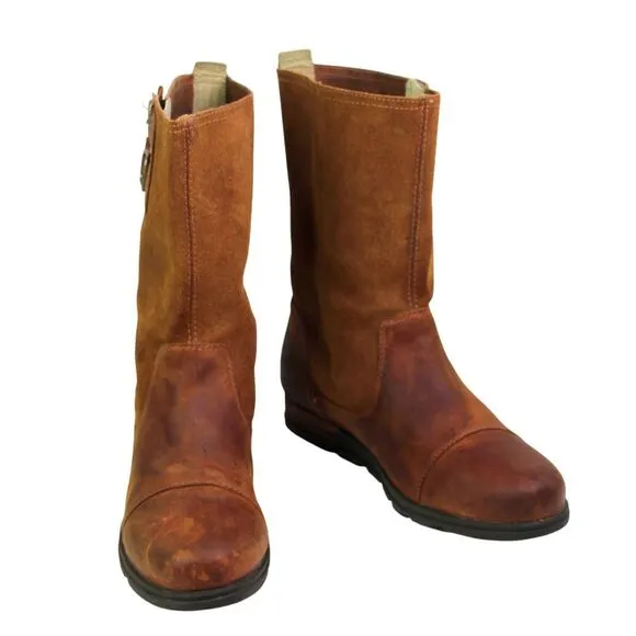 Sorel BROWN GENUINE LEATHER LOW HEEL ROUND TOE FLAT BUCKLE BELTED BOOTS Sz 8